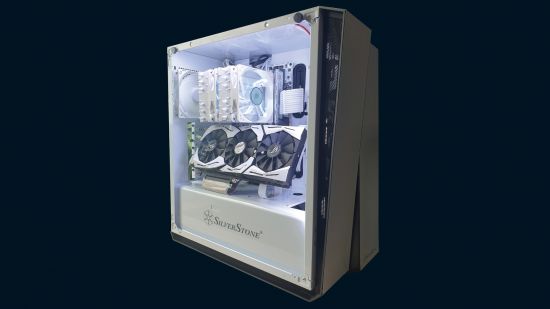 The white gaming PC with an angled graphics card