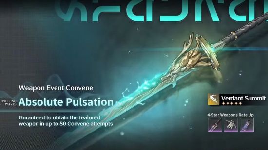 Wuthering Waves banner: The Absolute Pulsation weapon event banner featuring the Verdant Summit weapon.