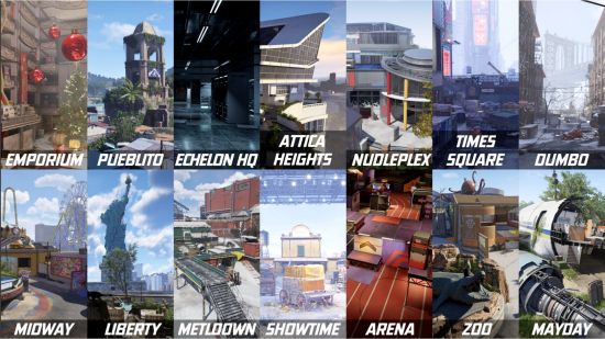 All 14 XDefiant maps listed side by side, with a small image of each.