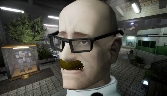 Next Abiotic Factor update unleashes mystery fog and mustaches : A scientist from Abiotic Factor stands in front of a lobby, wearing a deliciously wonderful mustache.