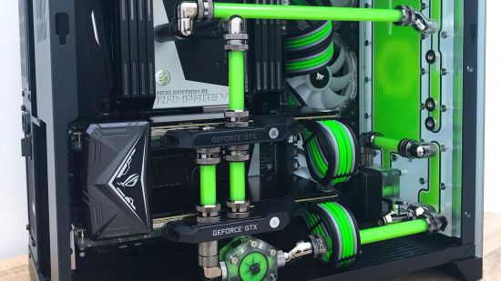 The green coolant running through the watercooled gaming PC