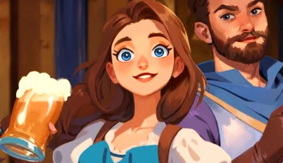 Co-op sandbox management game Ale and Tale Tavern gets free Steam prologue First Pints - Two people dressed in traditional fantasy garb hold up glasses of beer.