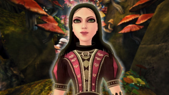 Alice Madness Returns EA American McGee: a young pale girl with long dark hair in a red and black dress