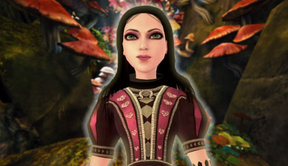 Alice Madness Returns EA American McGee: a young pale girl with long dark hair in a red and black dress