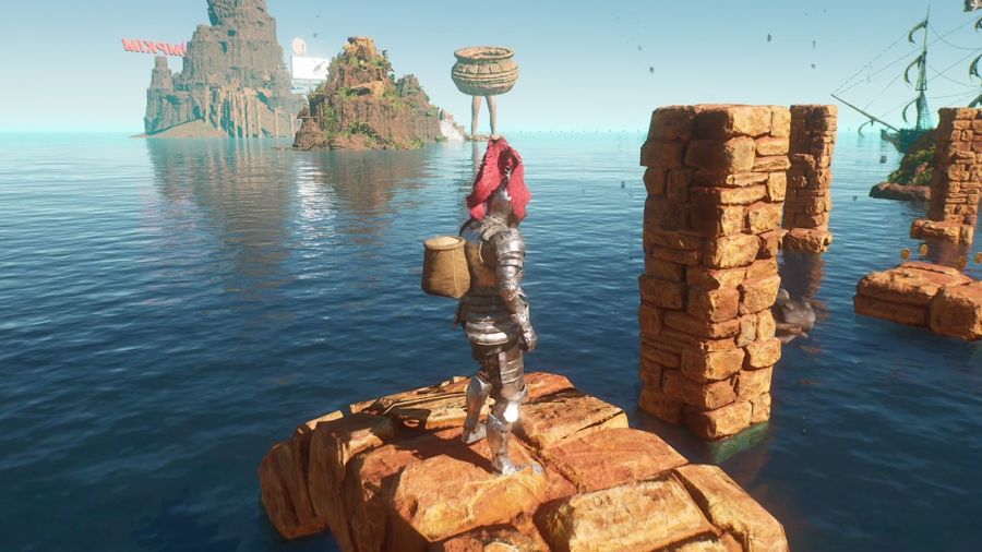 The main character from ALTF42 stands on a rock in the middle of an ocean, with other rocks and pillars tantalisingly close.