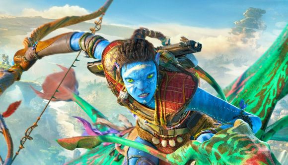 Avatar Frontiers of Pandora Steam: a blue-skinned Na'vi holding a bow while riding a green bird creature