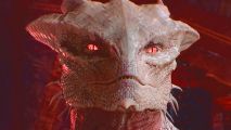 Baldur's Gate 3 mod roguelike: a pale scaley dragon humanoid with red eyes looks menacingly