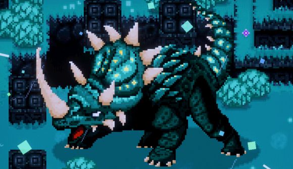 Promising pixel art tower defense game Bean Beasts gets new Steam demo - An emerald green triceratops.