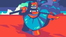 Beat the Humans Steam demo: a pixel image of a red alien creature in a blue poncho holding an axe