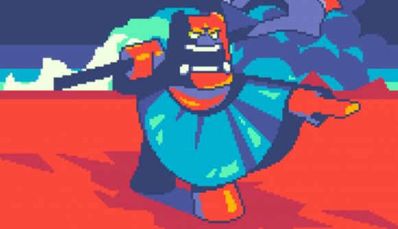 Beat the Humans Steam demo: a pixel image of a red alien creature in a blue poncho holding an axe