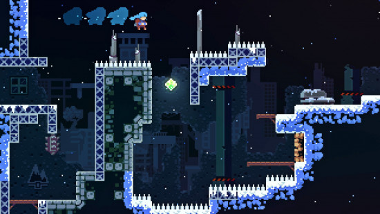 Celeste hops around a sequence of spikes in a level of Celeste, one of the platform games.