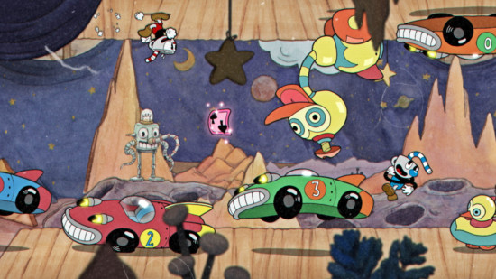 Cuphead defies gravity to avoid a procession of toy cards in Cuphead, one of best platform games.