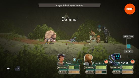 A team of three characters band up against two creatures in the turn-based combat of the Beyond Galaxyland Steam Next Fest demo.