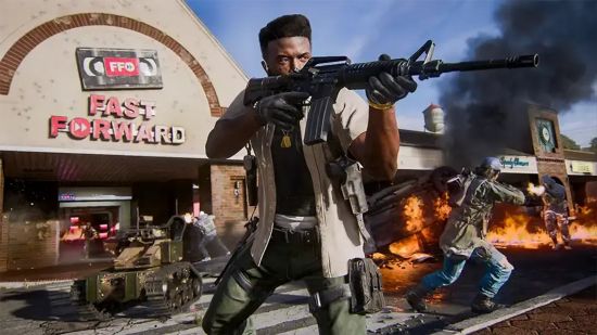 A man holds a gun up ready to shoot in front of a '90s video store names Fast Forward in the Block Ops 6 beta.