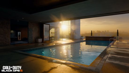 Black Ops 6 maps: an indoor pool bathed in evening sunlight.