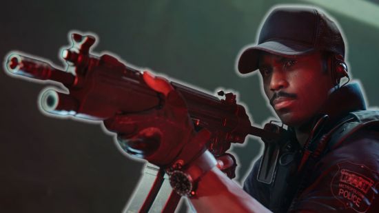 A man in a cap and military gear holds a gun, pointing it off to the left of the shot, in the Black Ops 6 beta.