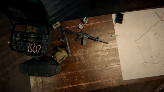 Black Ops 6 safehouse: a wooden table, a machine gun and a paper map.