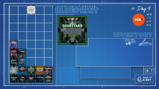 A part-completed blueprint and inventory screen from Blue Prince.