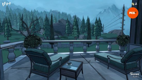The blue and green, atmospheric scenery around the house can be seen from the Terrace, one of the rooms in Blue Prince.