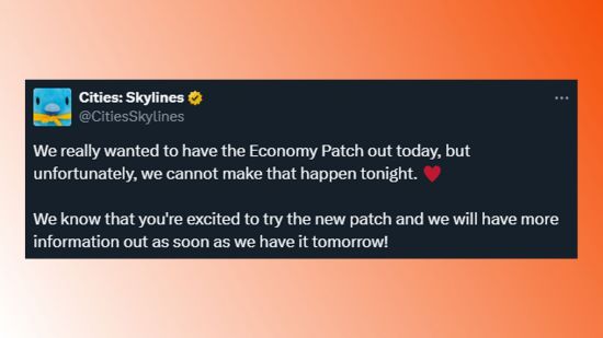 The full tweet explaining the Economy 2.0 patch delay.