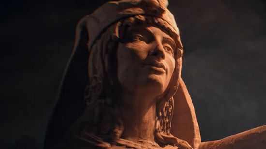Civilization 7 revealed for 2025 launch following earlier game leak: A giant stone statue of a woman stands shrouded in fog.