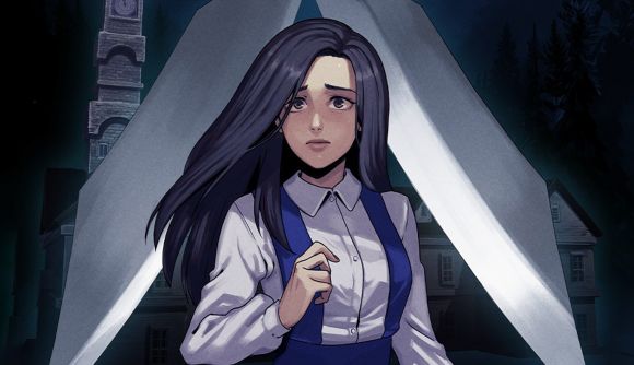 One of the most influential horror games is finally coming to Steam: The main character from Clock Tower stands looking perturbed as giant scissors close around her.