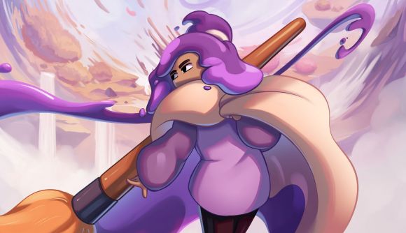Constance Steam: a young cartoon girl with purple hair holding a giant paintbrush