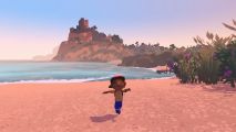 Cosy Steam Game, Alba. A screen shot shows the main character's face as she skips across the beach