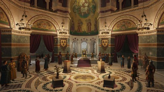 Crusader Kings 3 roads to power: a wide shot of some sort of courtroom
