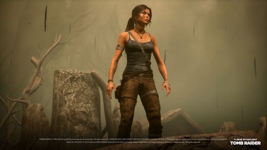 Lara Croft stands in a dusty DBD mao in the Tomb Raider Dead by Daylight chapter.
