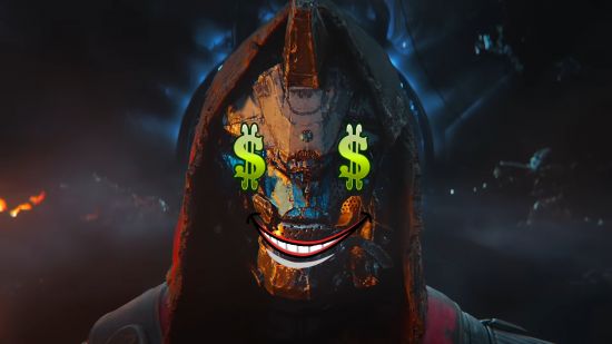 Destiny 2 sale image showing dollar signs imposed over a robotic character's eyes. They are also sporting a toothy grin.