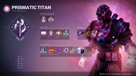 Destiny 2 Prismatic Titan build screen