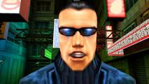 Deus Ex randomizer mod: a close up of JC Denton, a man with blue sunglasses, a trench coat, and slicked back black hair