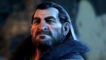 Dragon Age The Veilguard release date: Varric, one of the most prominent characters in BioWare's RPG series, stares grimly at the viewer during his stand-off with Solas.