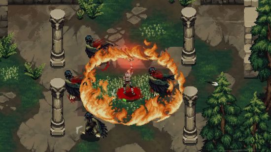 Drova Steam playtest: a pixel man surrounded by a ring of fire