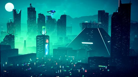 Stunning cyberpunk building game Dystopika launches on Steam - A neon-lit cityscape covered with teal smog.
