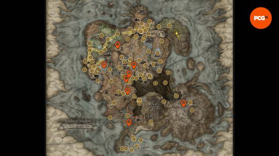 Elden Ring Ancient Dragon Smithing Stone locations: map of the Realm of Shadow with all the dragons and ancient smithing stones pinned.