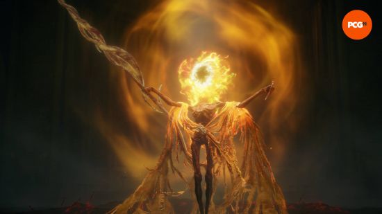 Elden Ring bosses: a wizard with a glowing head holding a sword aloft with a maddening yellow aura.