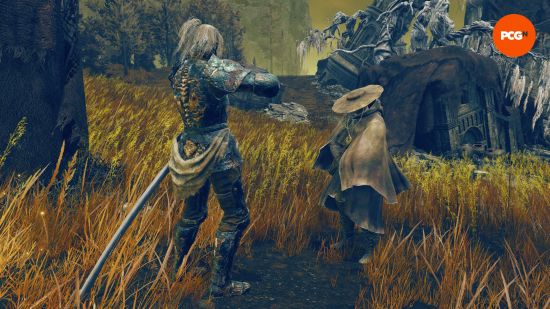 A player interacts with Dryleaf Dane in order to get the Hand-to-Hand combat weapon in Elden Ring.