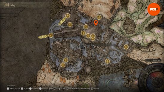 a map showing the summon signs for leda and ansbach location in elden ring