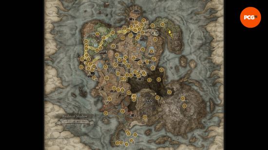 Elden Ring map: the Realm of Shadow map from Shadow of the Erdtree with many of the Sites of Grace found.