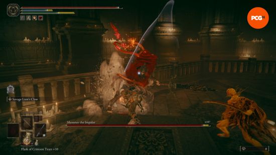 melee attacking messmer in elden ring with a sword