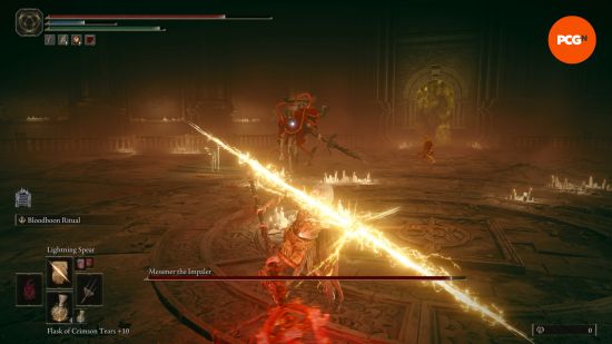 attacking messmer with a ranged lightning spear in elden ring