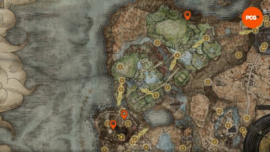 Elden Ring Revered Spirit Ashes: the Land of the Tower Revered Spirit Ashes locations pinned on a map.