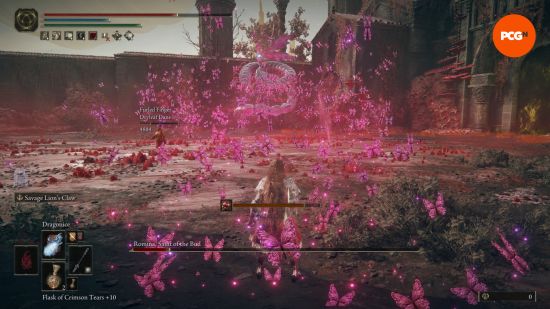 pink butterlikes surrounding the player from romina in elden ring