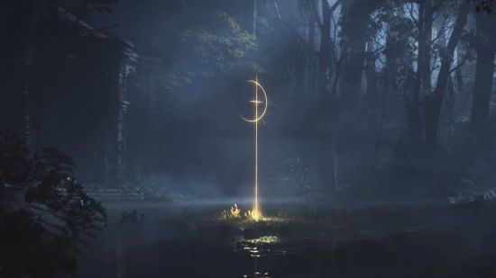 Elden Ring Scadutree Fragments: a glowing emblem of a crescent moon and a cross in the middle of a gloomy forest.