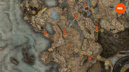 Elden Ring Scadutree Fragments: the Gravesite Plain map with all the known locations pinned.