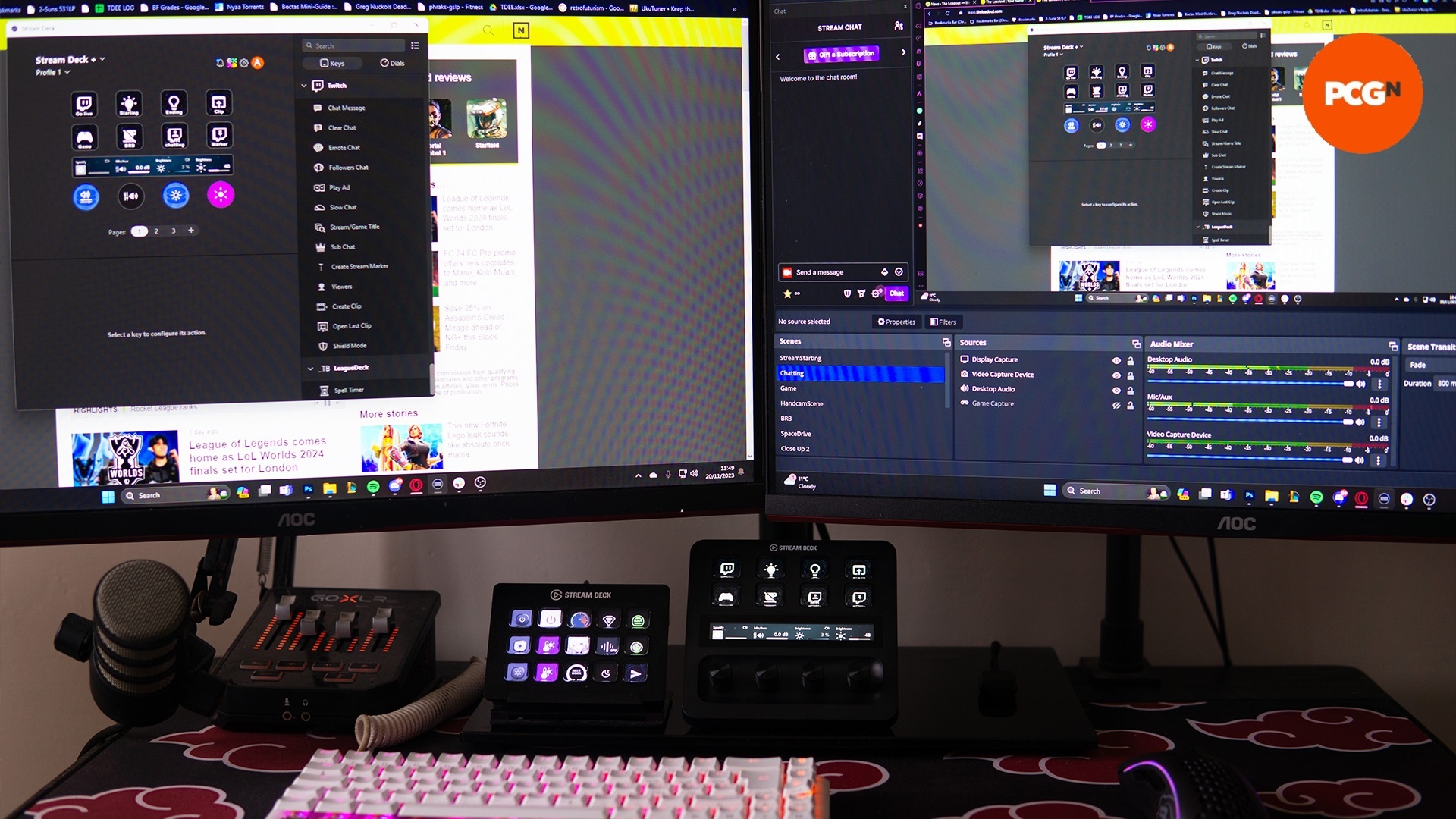 Elgato Stream Deck Plus review image showing it set up alongside two screens.