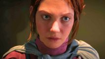 Eriksholm Steam announcement: a young woman looks past the camera in a close up shot, with a red shirt and grey shawl around her shoulders
