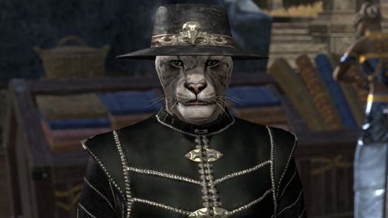 The new ESO Gold Road stuff Zenimax Online Studios wants you to see: A khajiit from ESO looks at you while wearing a very jaunty hat.